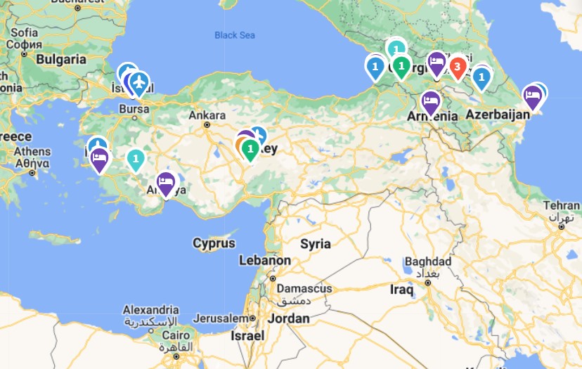 A maps showing Turkey and the Caucausus, with pinpoints on some locations
