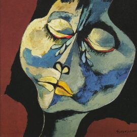 painting by Oswaldo Guayasmín of a girl crying