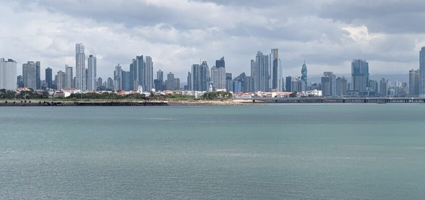 A view of a modern city skyline with a lot of tall buildings, seen across an expanse of water.